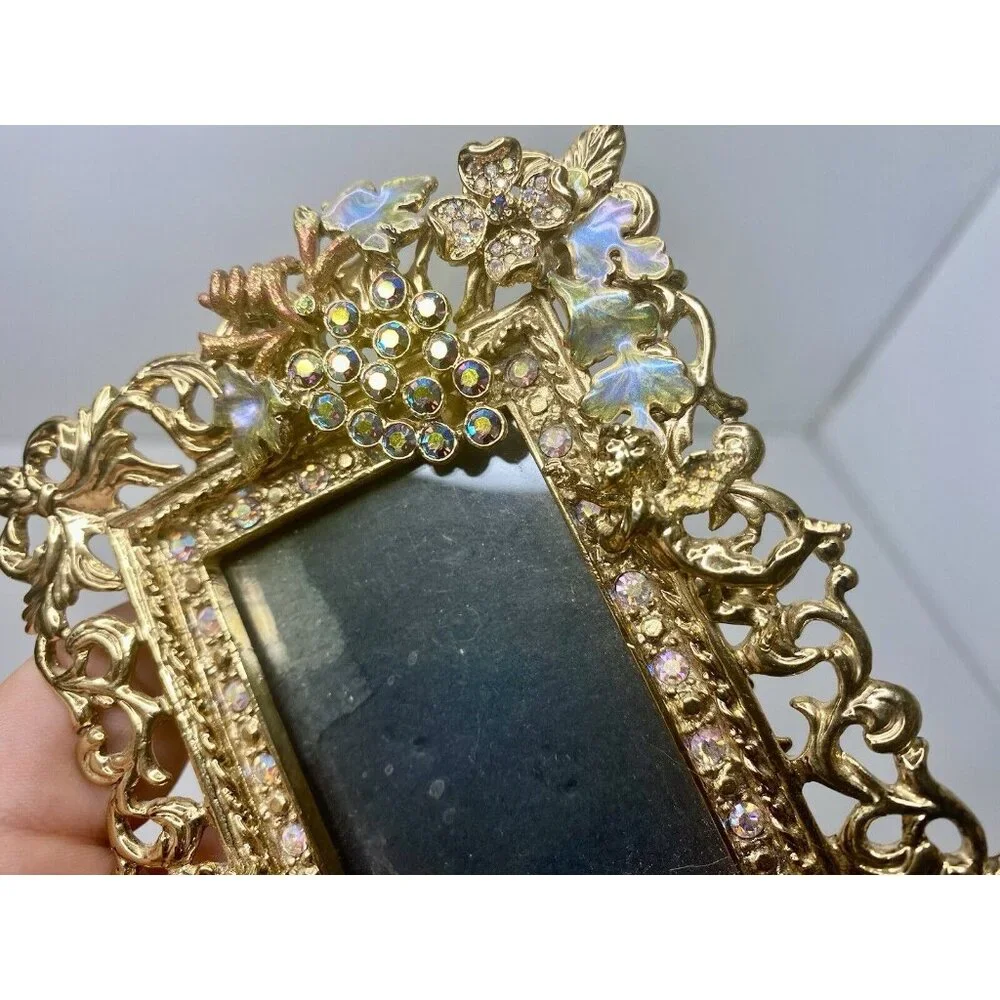 Kirks Folly Signed Picture‎ Frame Rhinestone Grapes Cherub Bird Easel Back